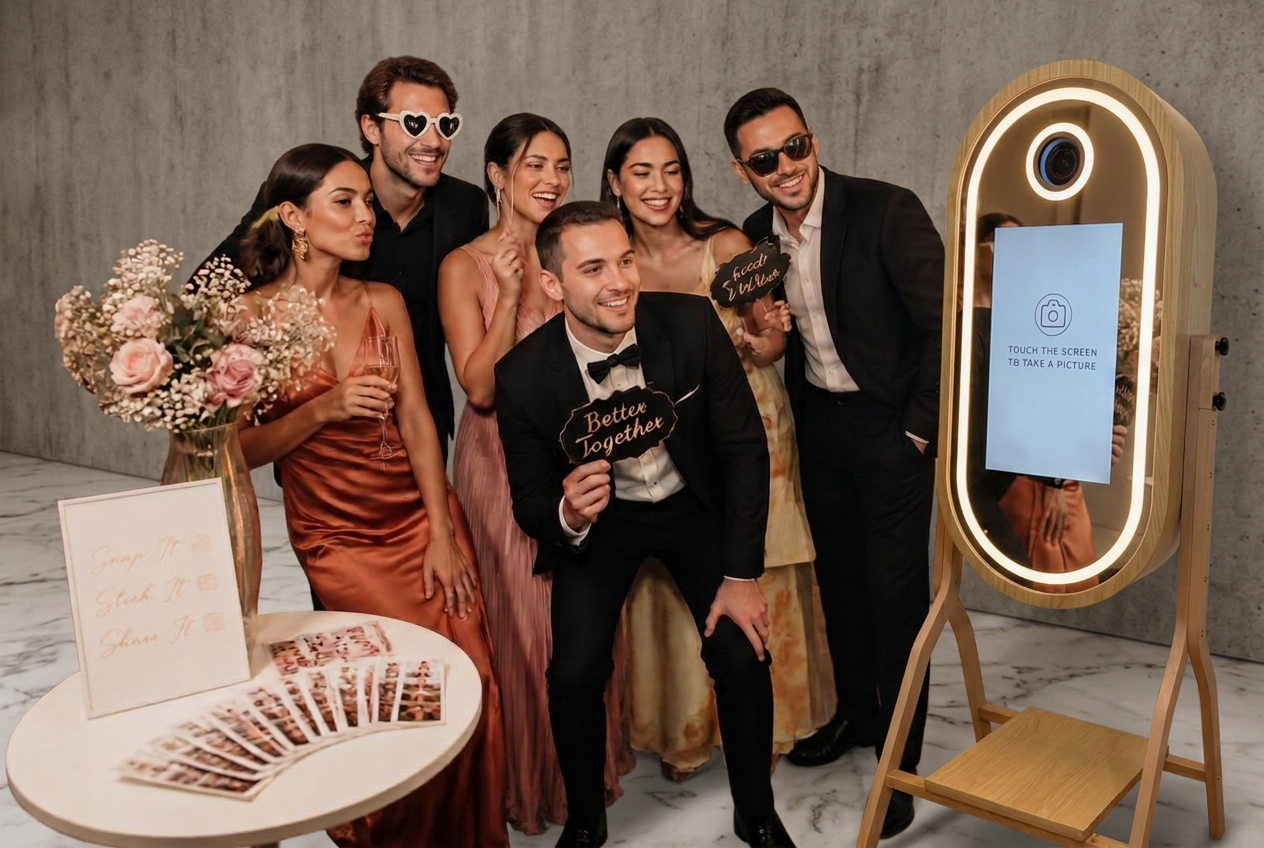 Gasten lachen samen voor de spiegelphotobooth
