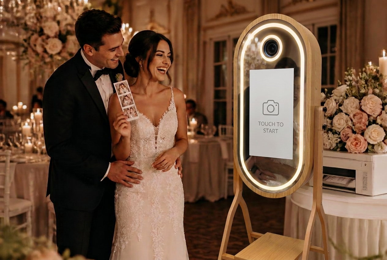 Gasten poseren voor de Classy Mirror Booth op een elegant huwelijksfeest